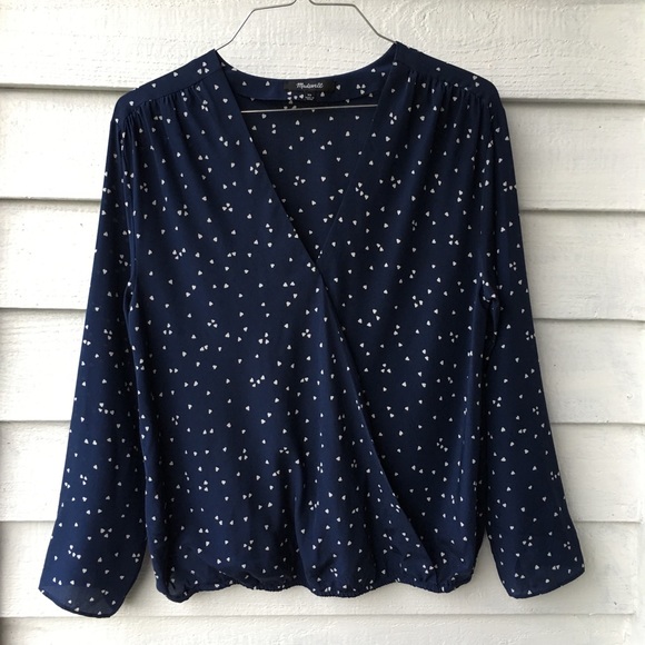 Madewell Silk Faux Wrap Blouse Navy Hearts - Picture 3 of 8